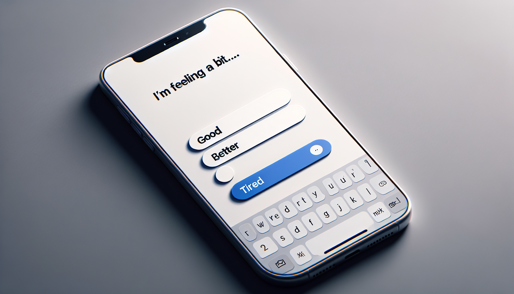 A smartphone keyboard showing predictive text suggestions for an emotional phrase.