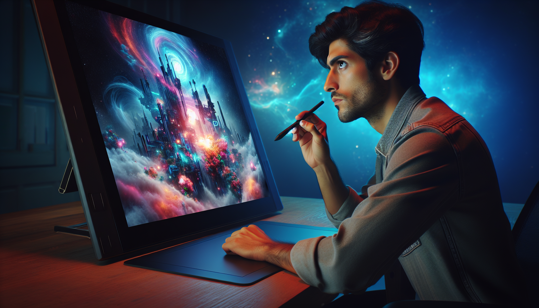 An artist collaborating with an AI to generate visual concepts on a large screen.