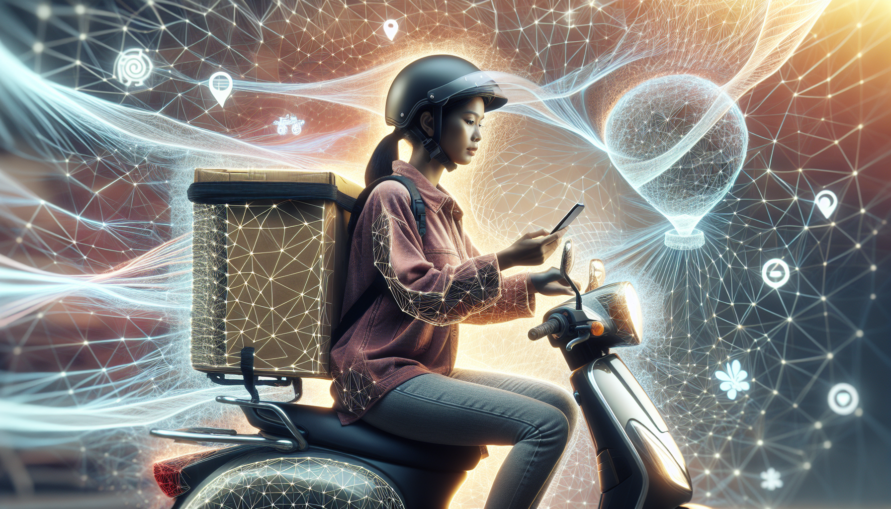 An illustration of a gig worker surrounded by a cage of data from their management app.