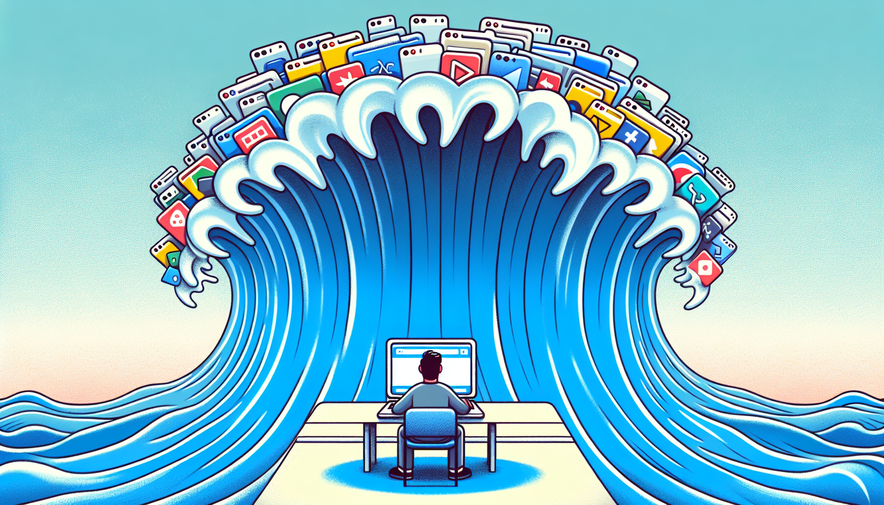 An illustration of a person being overwhelmed by a giant wave of browser tabs.