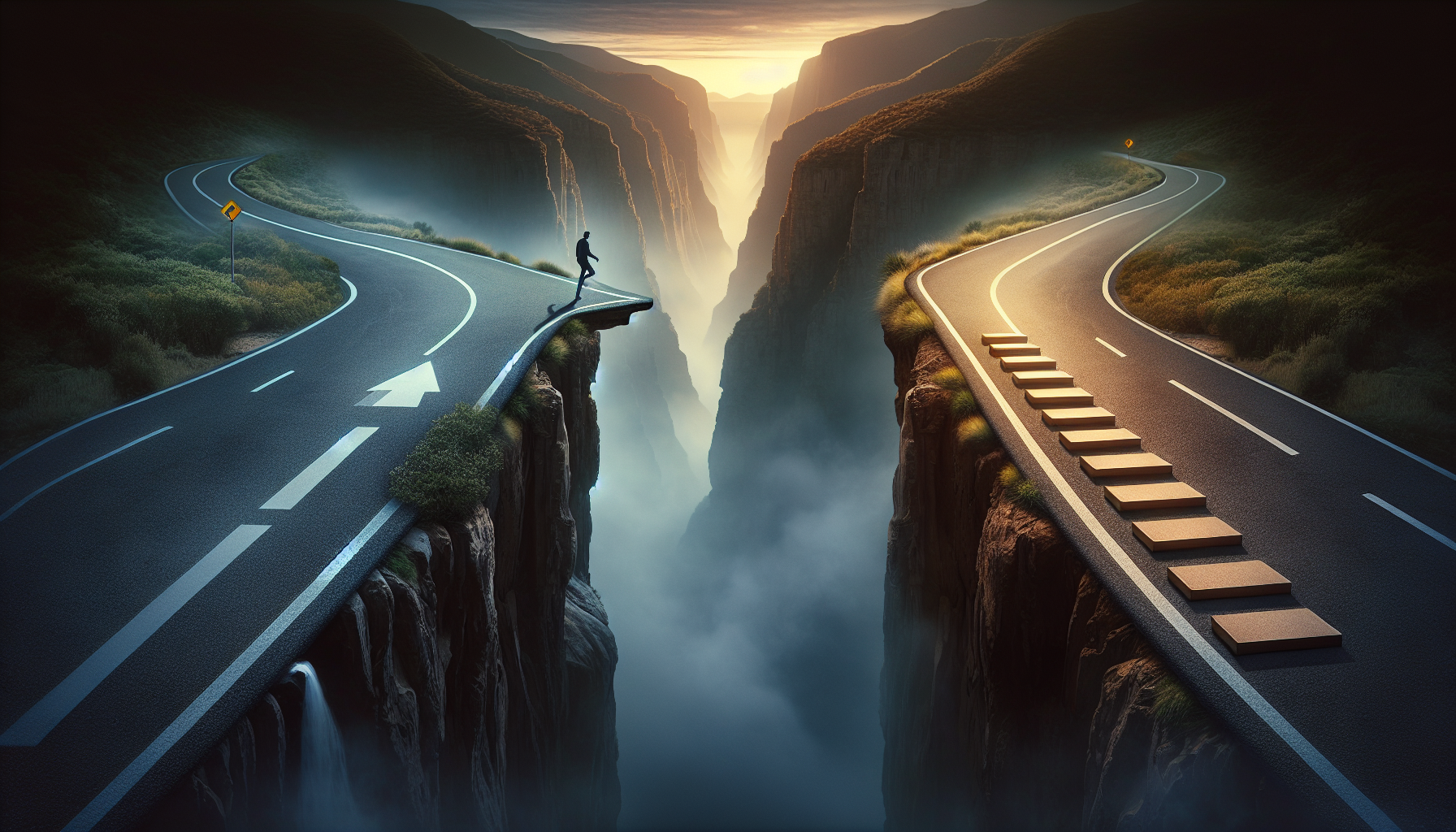 An illustration showing the choice between a risky career leap and a safer path of small, experimental steps.