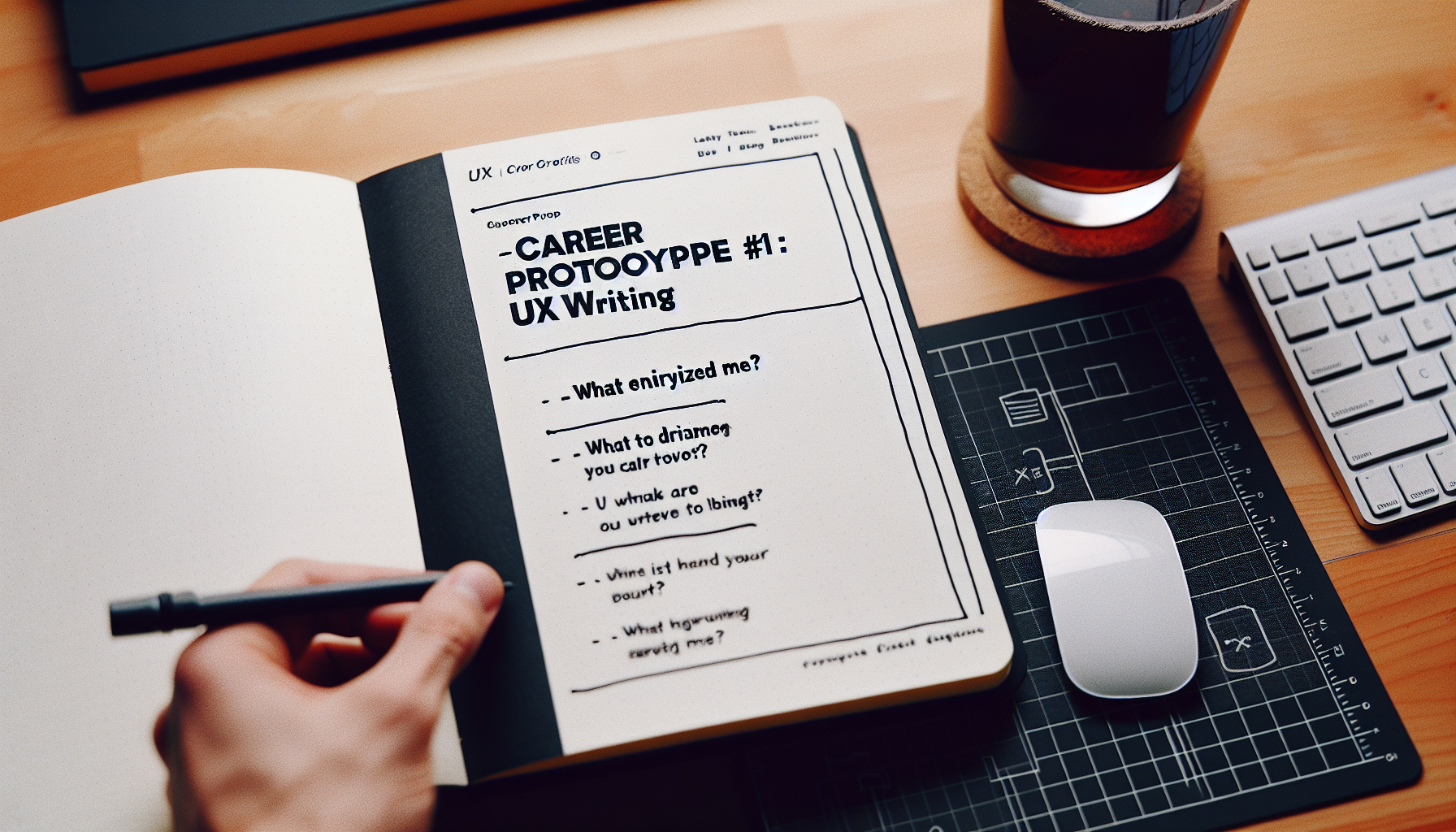 A journal open to a page showing structured reflection notes from a career prototyping experiment.