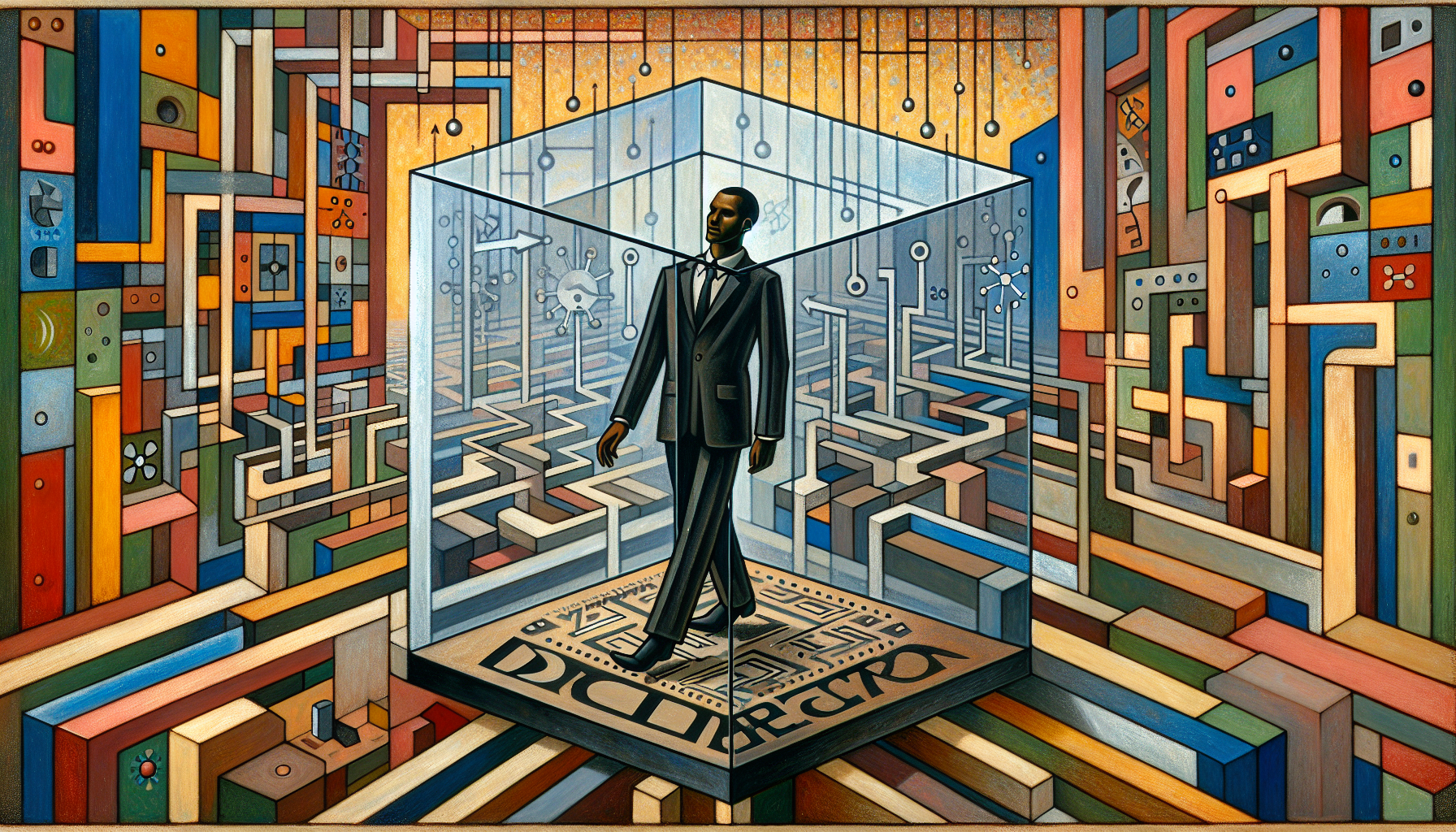 A person stepping out of a box representing their job title, symbolizing cognitive decoupling and career freedom.