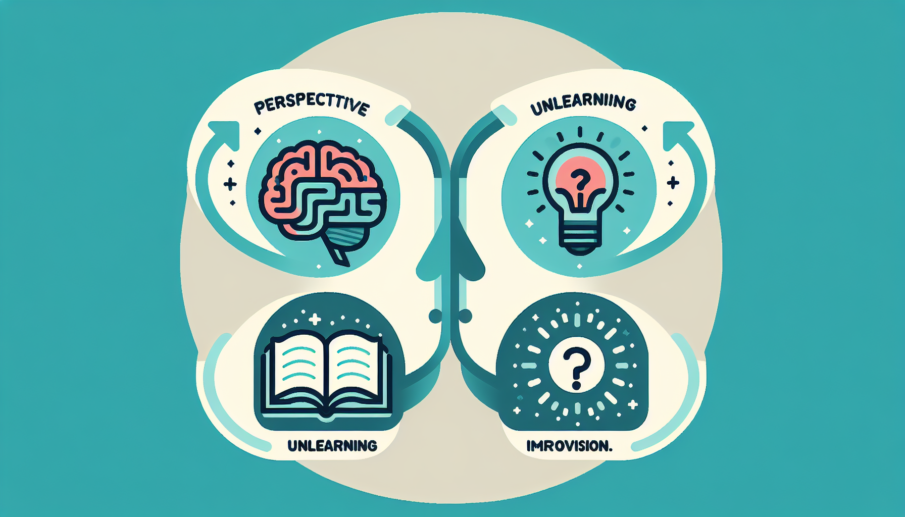 Infographic showing the three pillars of cognitive flexibility: perspective, unlearning, and improvisation.
