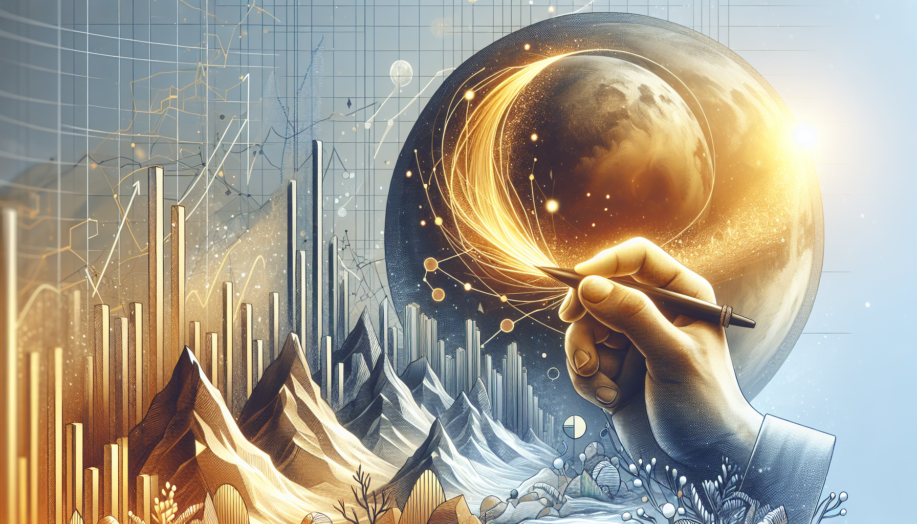 A human hand drawing a story arc over a sterile landscape of data charts.