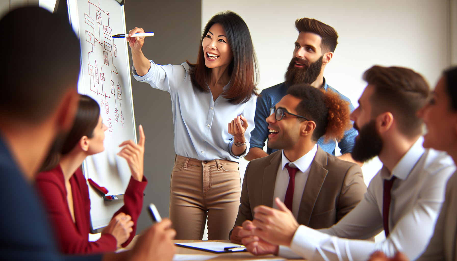 A data storyteller presenting a compelling narrative to their team in a collaborative meeting.
