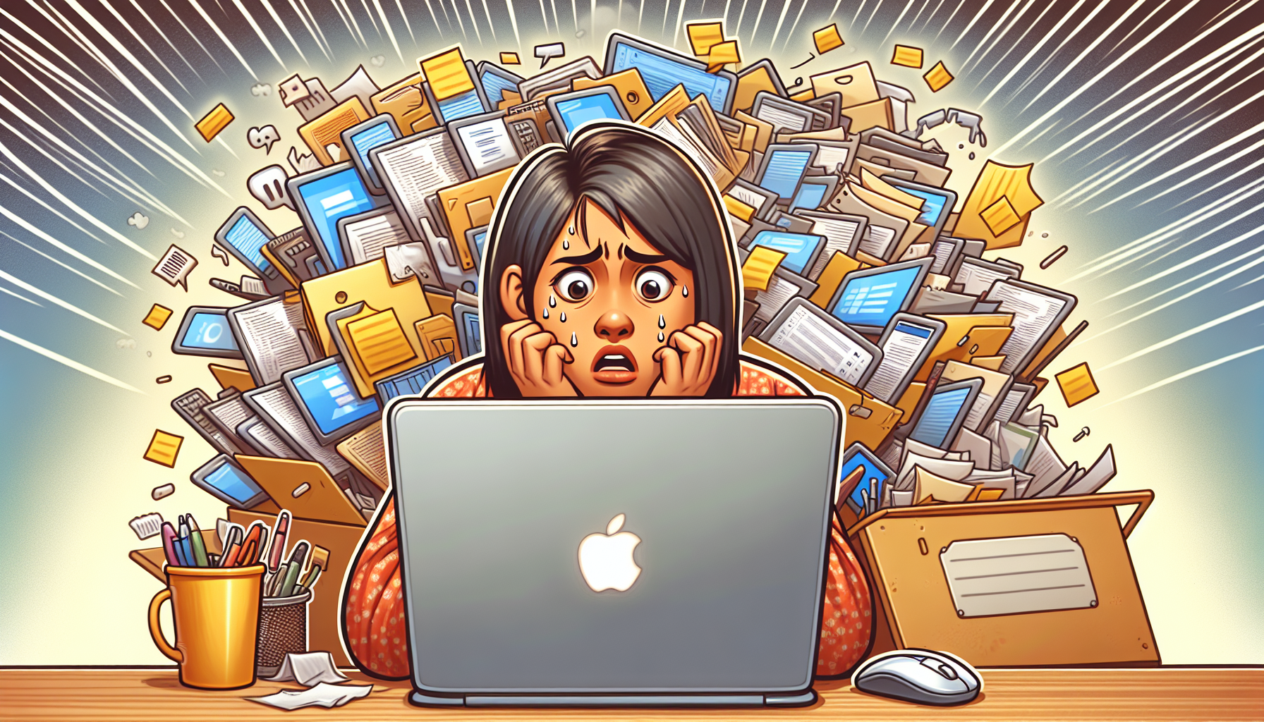 An illustration of a cluttered laptop screen overwhelming its user.