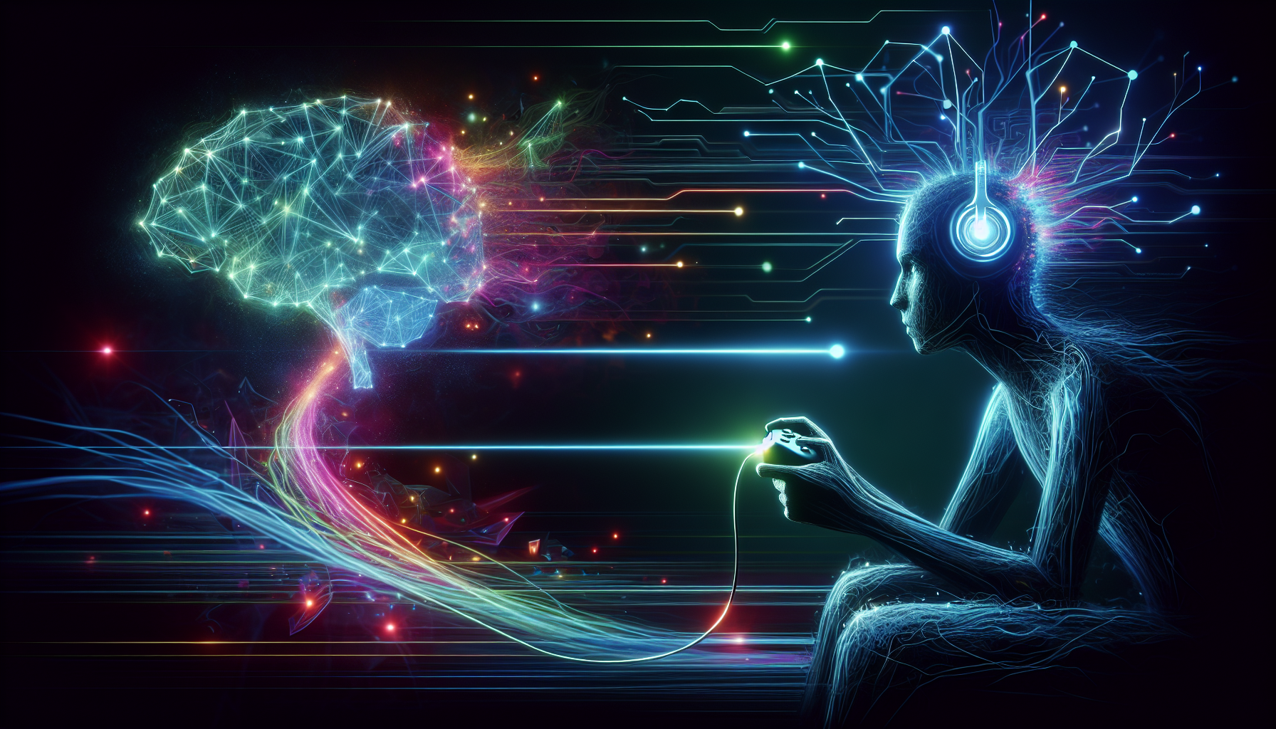 An abstract visualization of a gamer's data being analyzed by a game's AI.