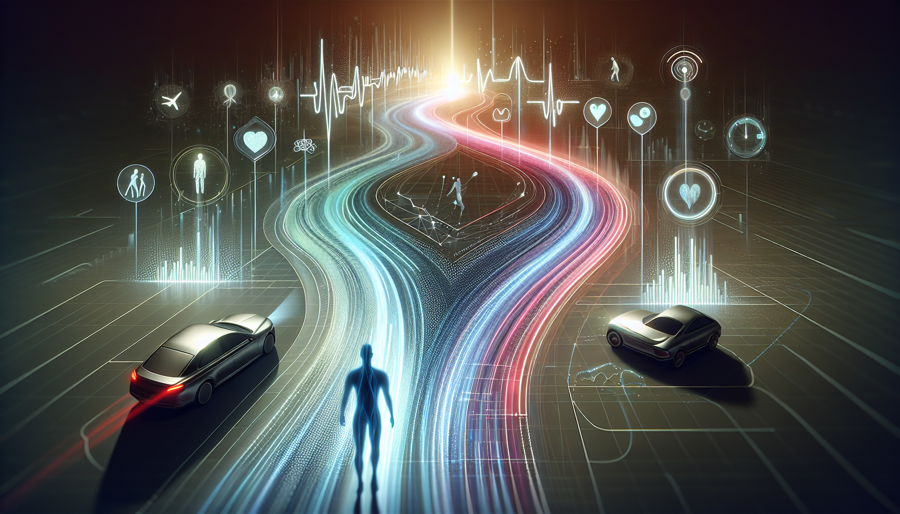 An abstract visualization of a life path being influenced by real-time data points.