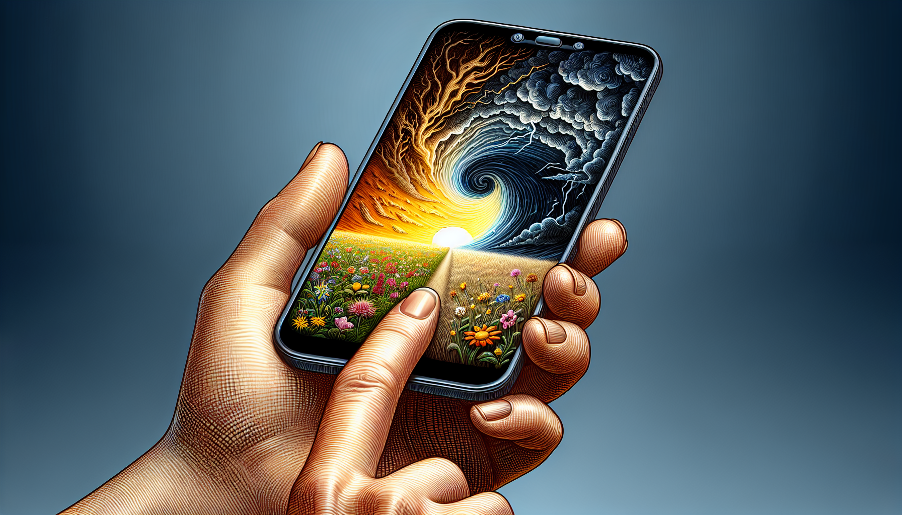 A finger swiping away a negative news feed to reveal a positive, joyful image.