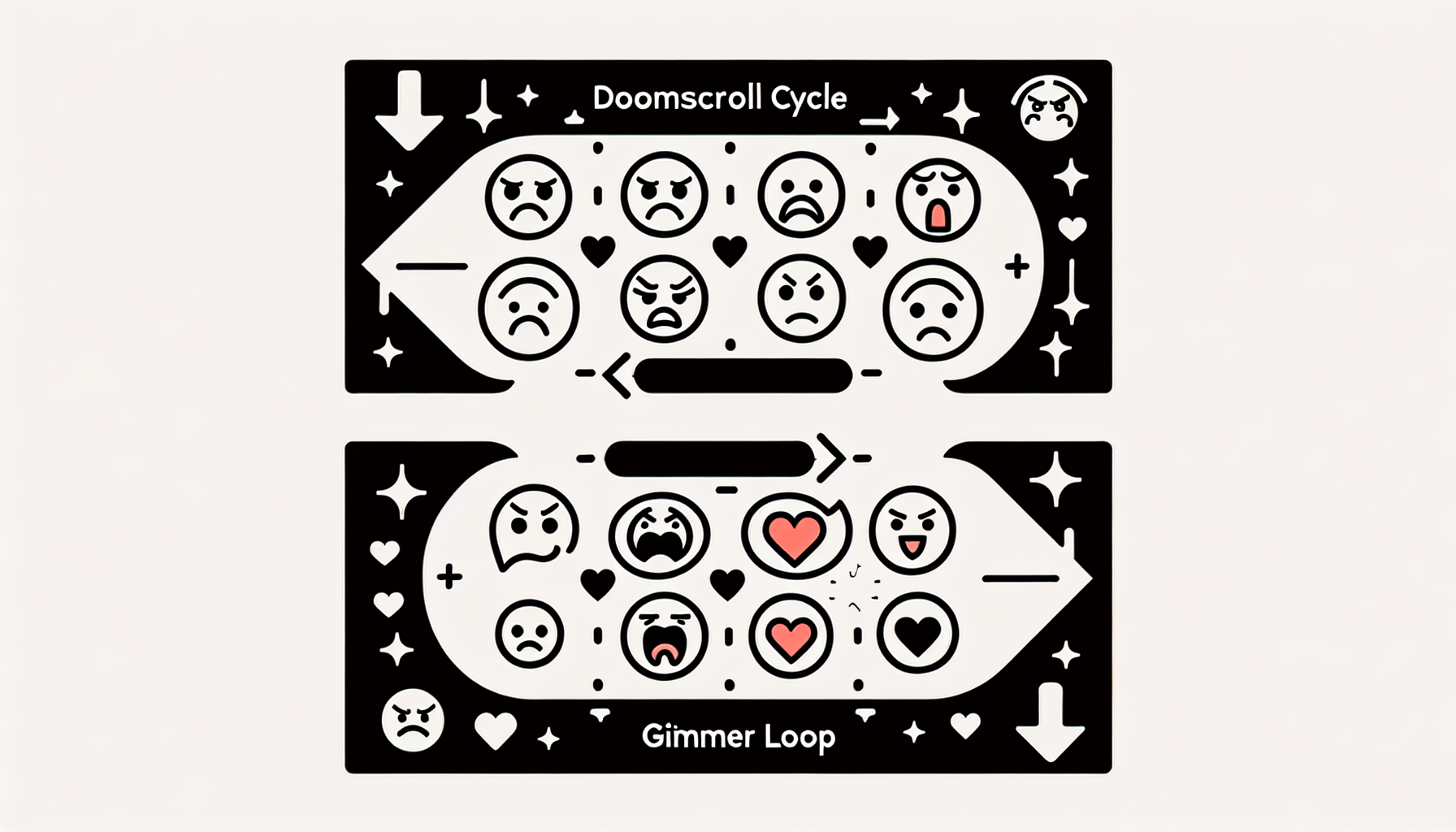 An infographic comparing the negative doomscrolling cycle to the positive glimmer hunting loop.