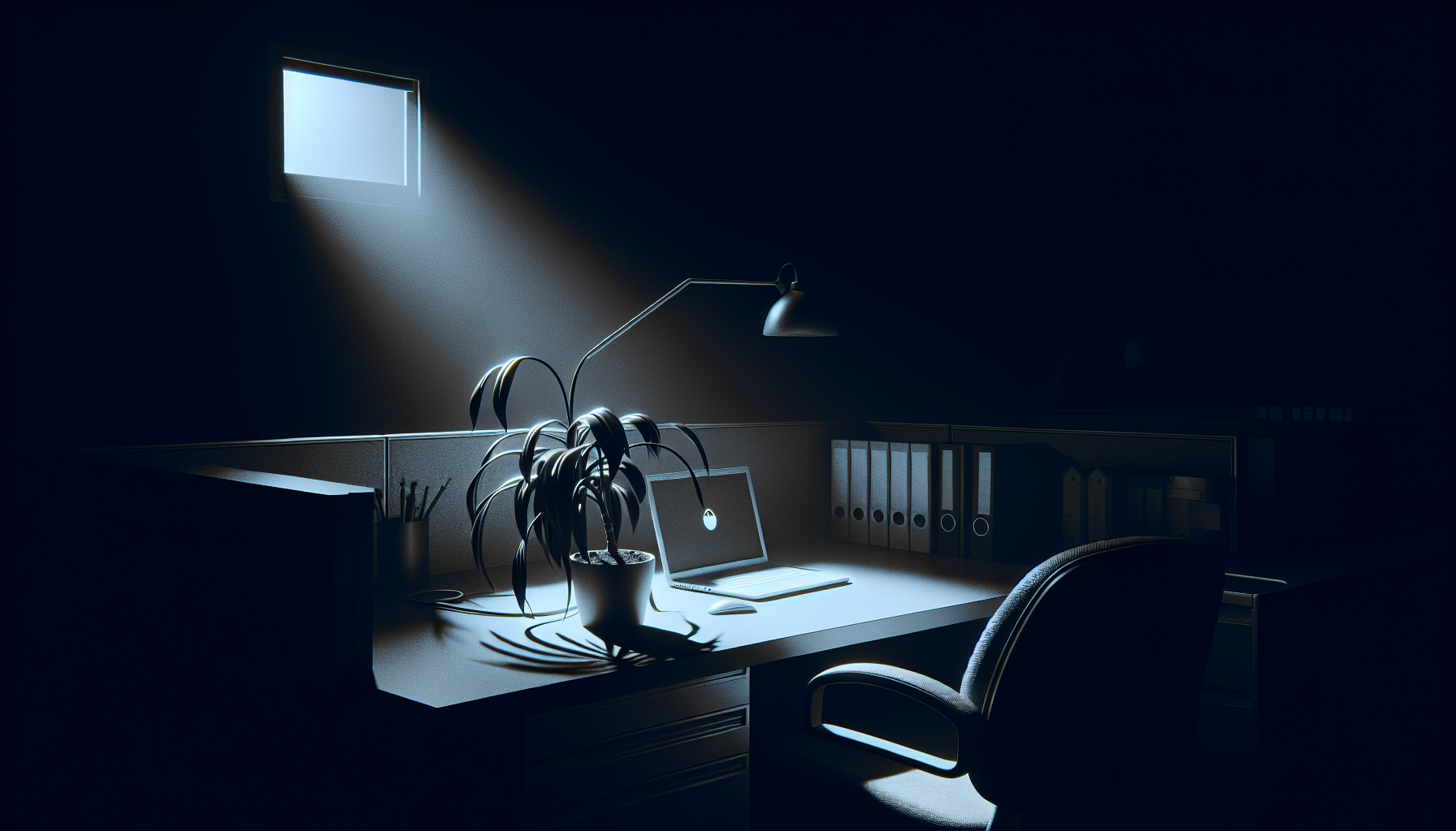 An empty office desk with a lone plant, symbolizing the aftermath of an impersonal, automated layoff.