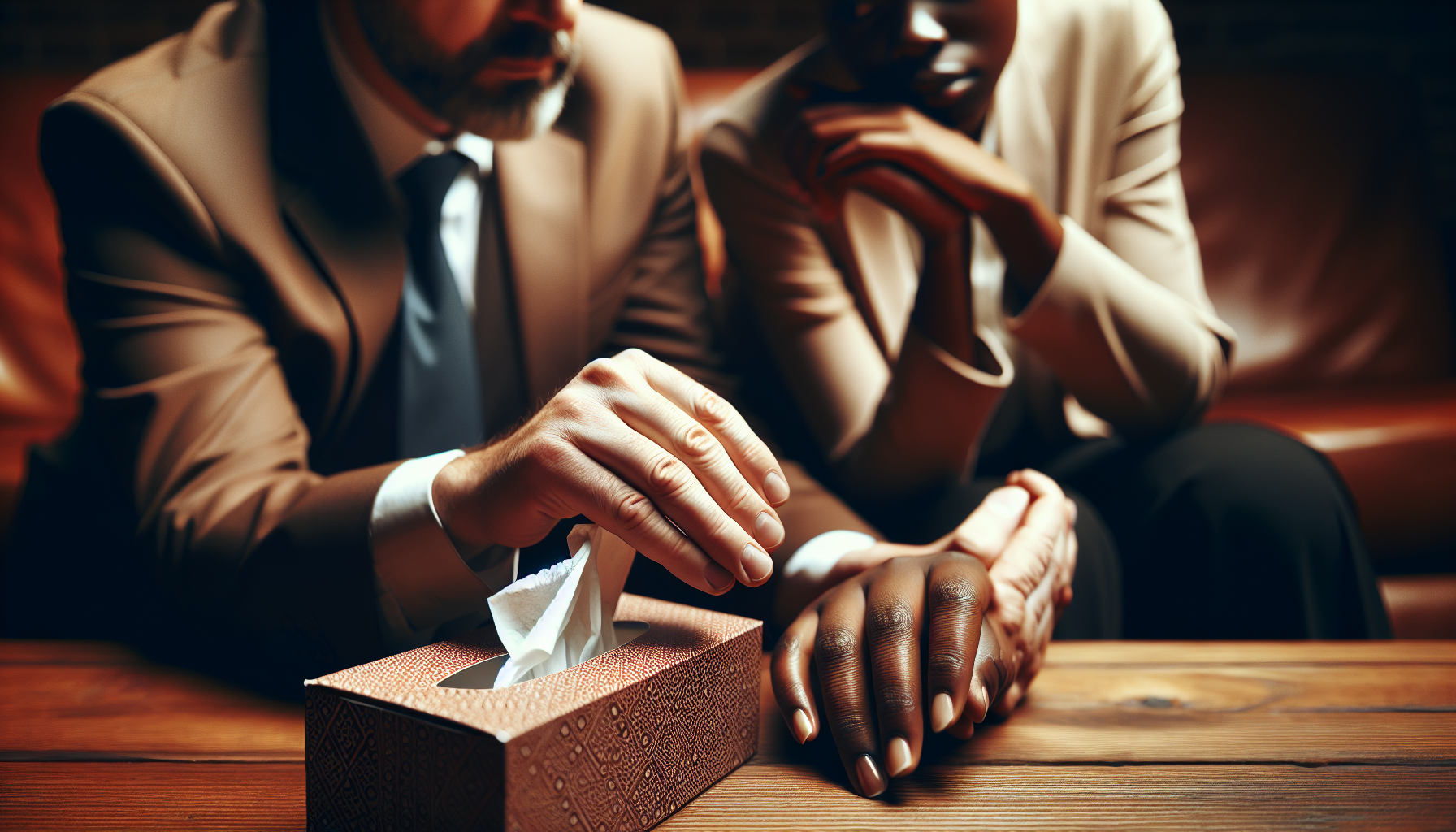 A manager offering tissues to an employee in a gesture of empathy during a difficult conversation.