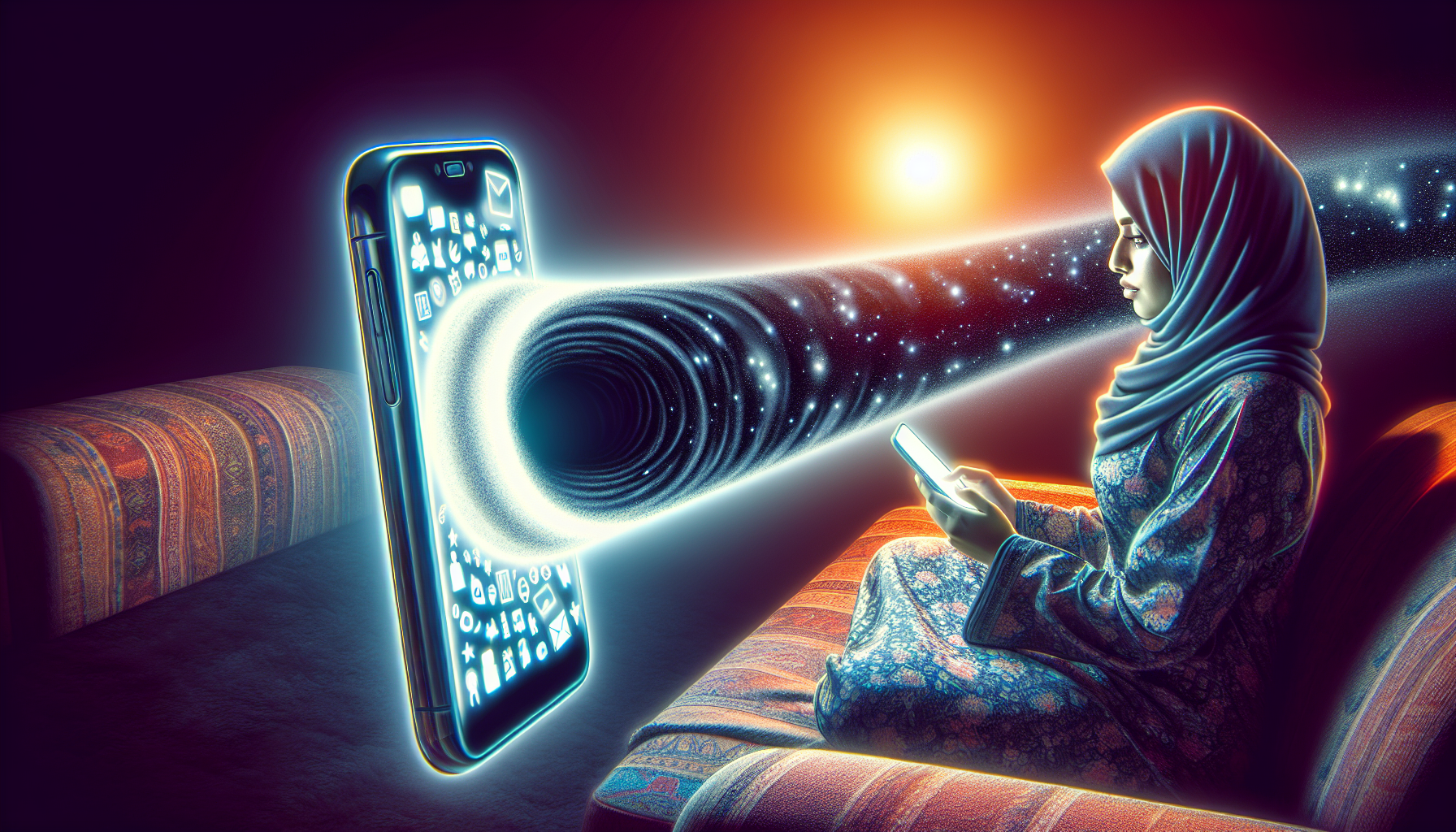 An illustration of a person being pulled into an endless vortex on their phone screen, representing the infinite scroll.