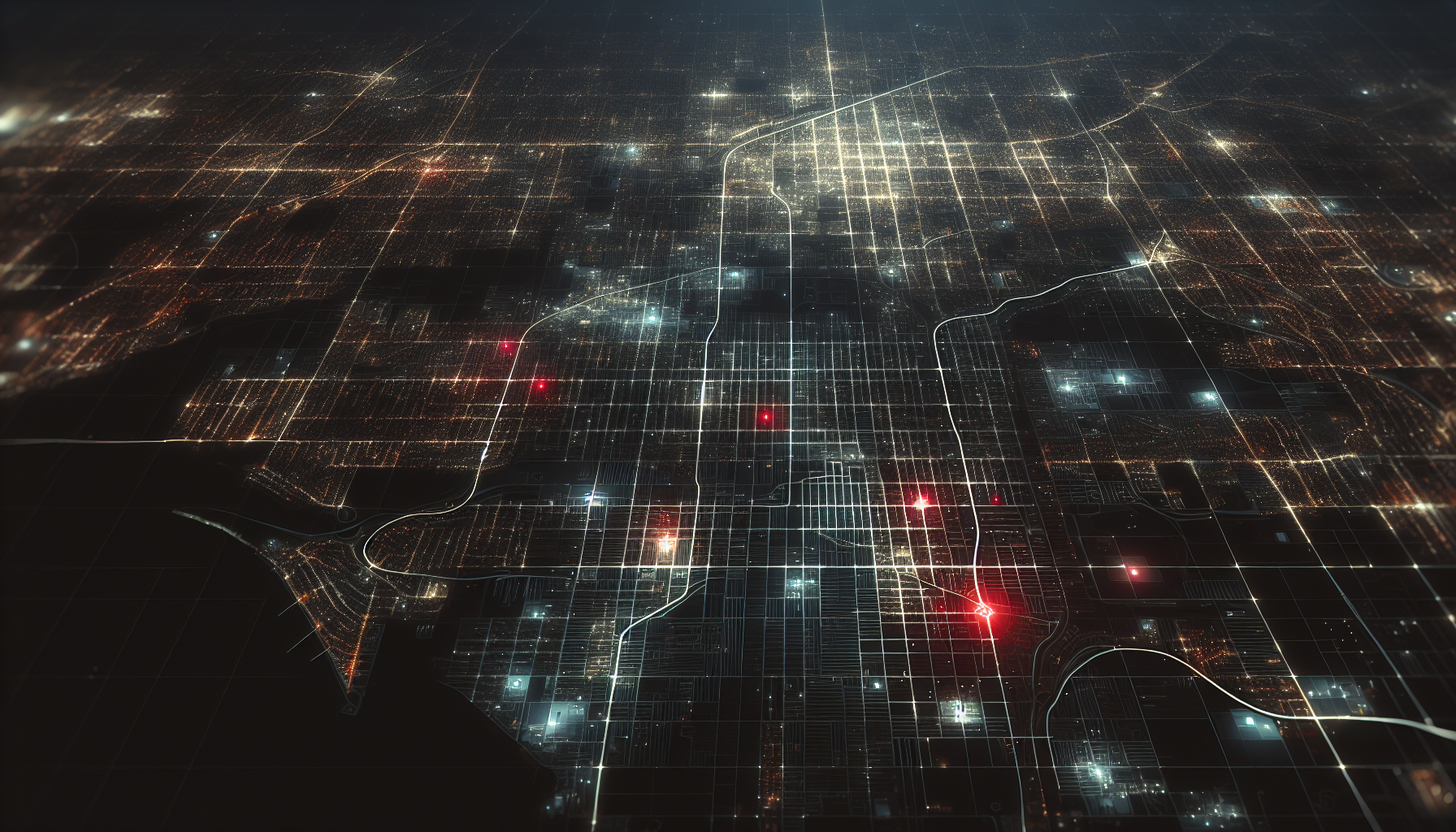 A city map showing certain neighborhoods highlighted with a red digital grid, symbolizing algorithmic risk scoring.