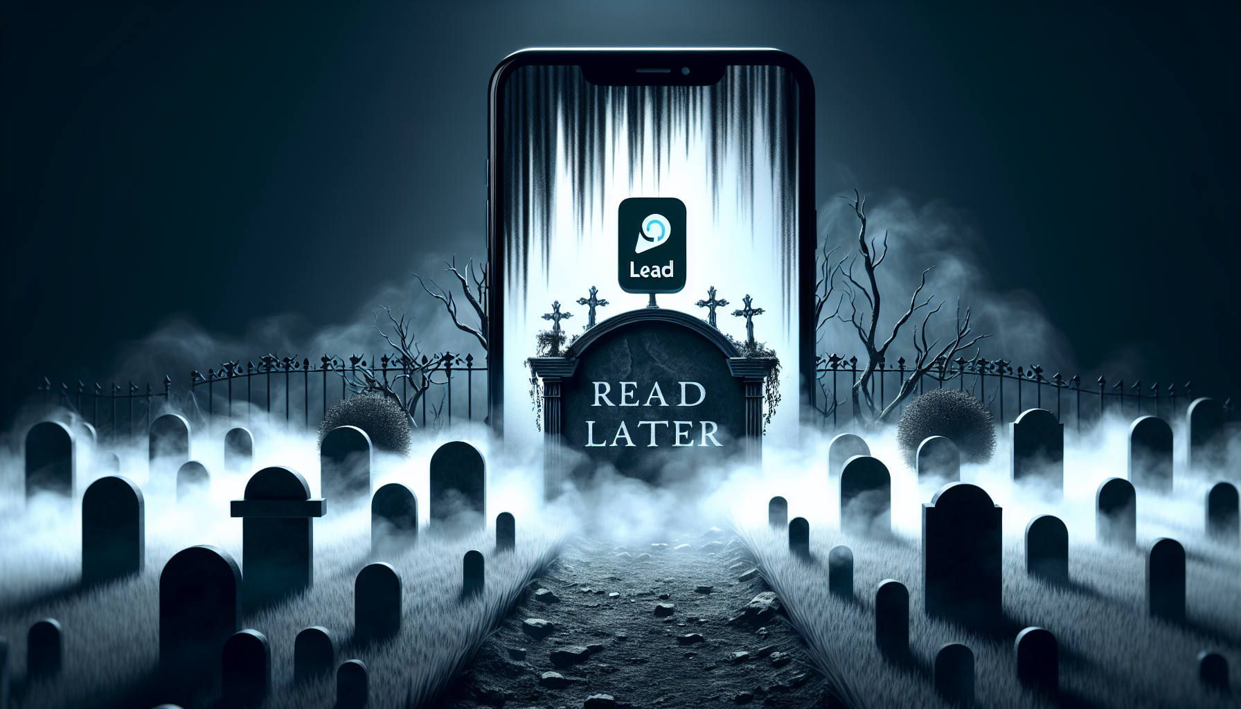 An illustration of a smartphone as a tombstone in a graveyard, symbolizing a dead 'read later' app list.