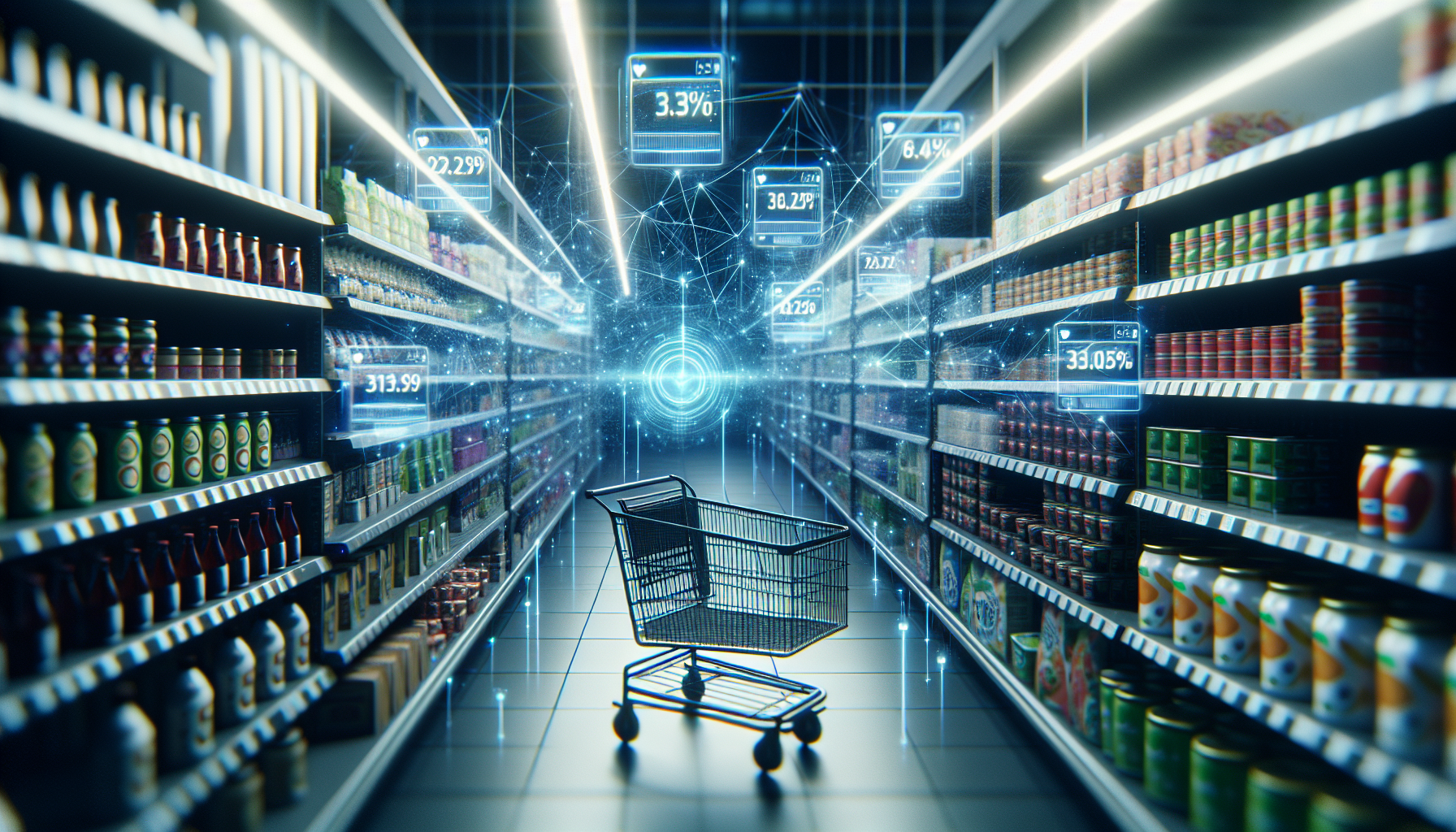 Digital price tags flickering in a grocery aisle, representing algorithmic pricing.