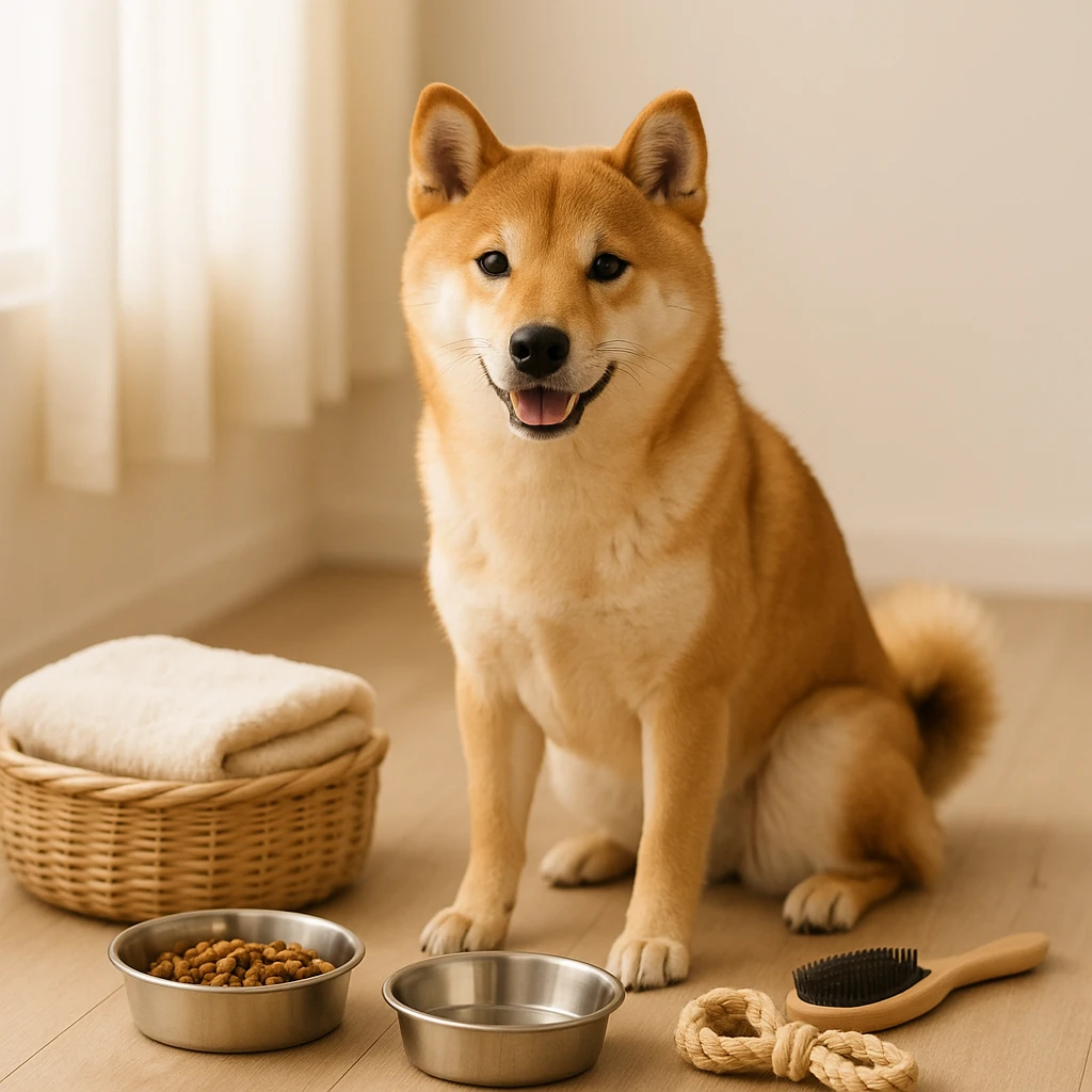ミミクリーペットを柴犬に取り扱うための基本ガイド(テーマ: 柴犬)の内容に沿ったイメージ。セクション「柴犬に必要な準備を整える」を視覚化。要点:ミミクリーペット