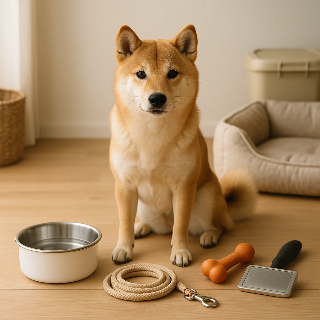 柴犬のお世話の重要ポイントと基本ガイド（テーマ: 柴犬）の内容に沿ったイメージ。セクション「柴犬のお世話に必要な基本的な道具や用品」を視覚化。要点:柴犬をお世話