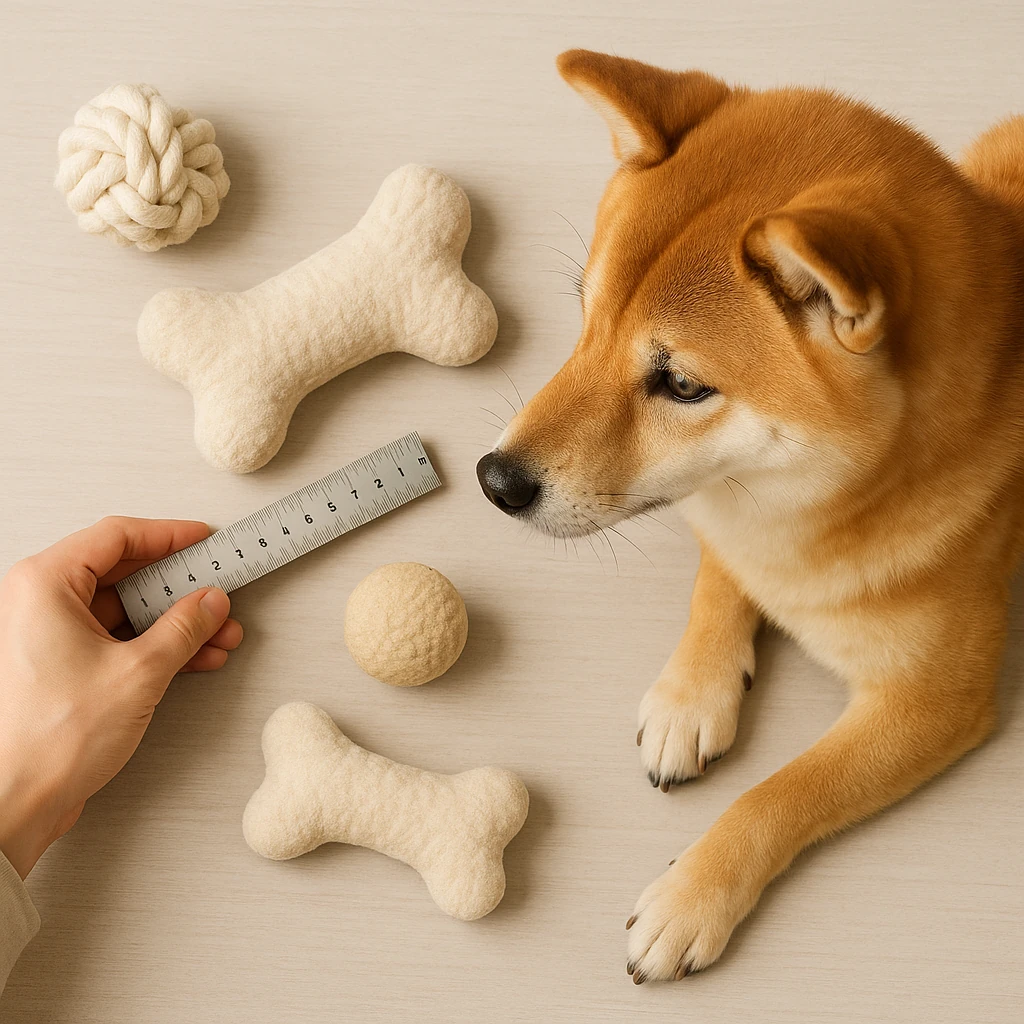 柴犬と安全に楽しく遊ぶための準備(おもちゃ・環境・ルール・健康チェック)を表現したイメージ