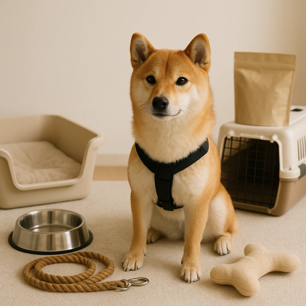 柴犬を飼う際に知っておくべきポイントと注意事項（テーマ:ペット）に沿ったイメージ。セクション「柴犬を飼うために必要な道具について」を視覚化。要点:柴犬を飼う際に