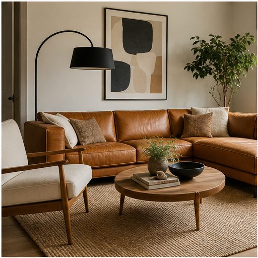 A warm modern living room concept generated by Shoppable Spaces