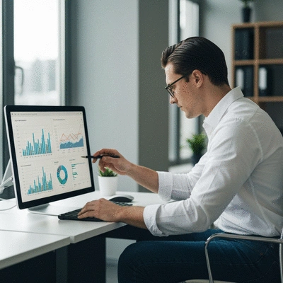 Person analyzing data on a computer screen, showing graphs and charts, clean image, no text, no words, no typography