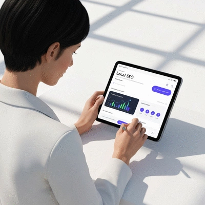 Modern business owner analyzing local SEO data on a tablet, with AI-driven insights displayed on the screen, clean image, no text, no words, no typography