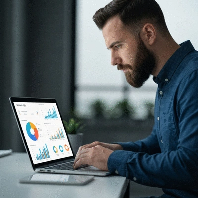 Person using a laptop to optimize local SEO strategies, with charts and graphs on screen, clean image, no text, no words, no typography