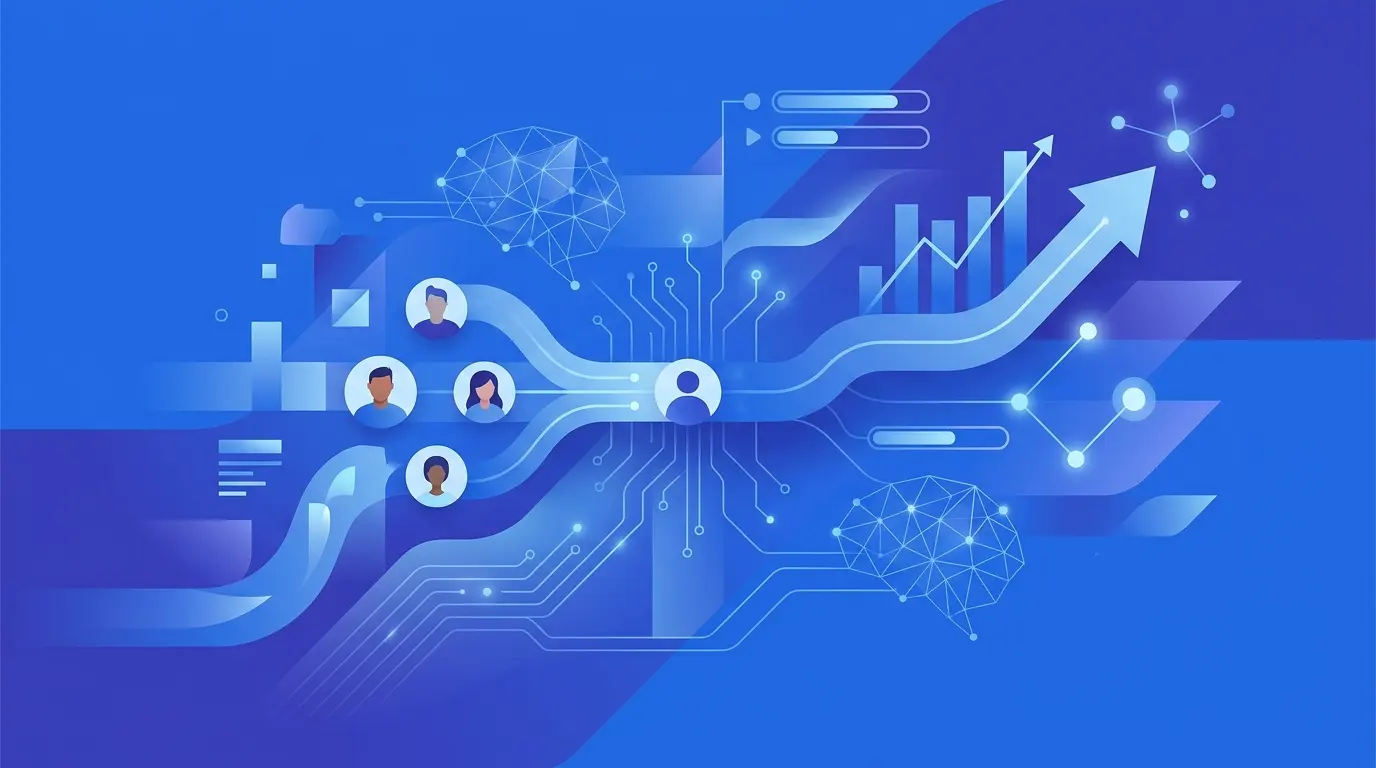 Gradiente azul con líneas geométricas y símbolos tecnológicos, representando las tendencias en tecnología para recursos humanos.