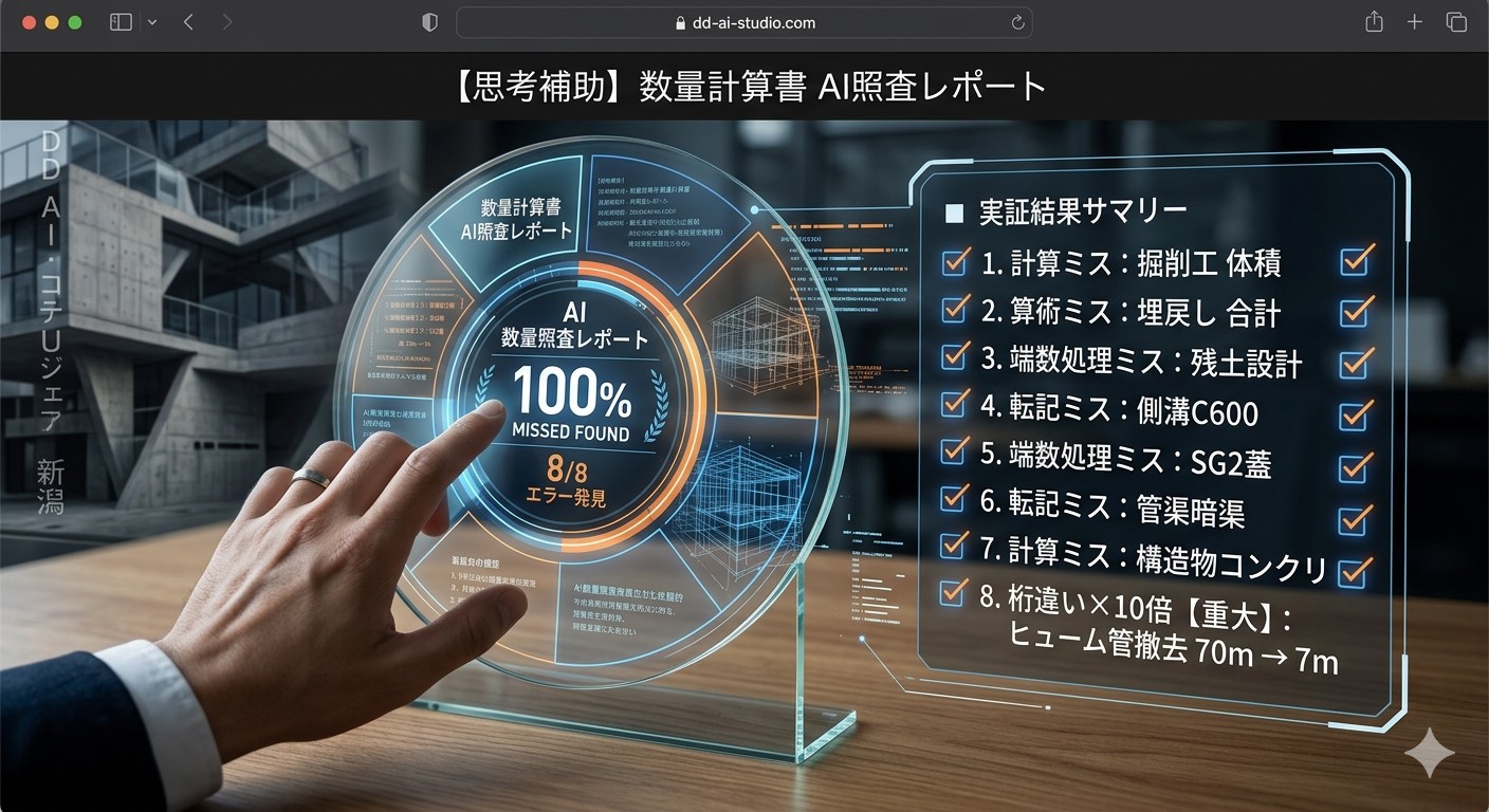 数量計算書 AI照査レポート デモ資料の8箇所の誤りを照査。指摘と根拠を読む、AI活用事例。 | 新潟 生成AI DD AI Studio