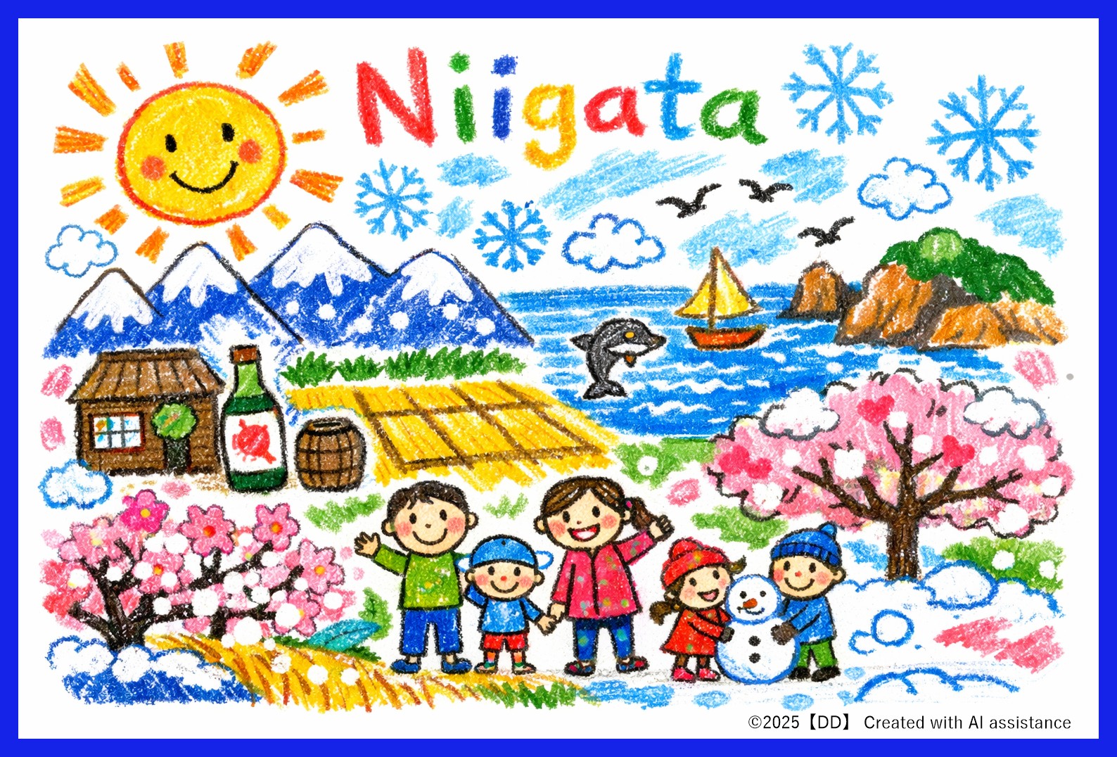 えがおのにいがた｜こどもの絵のタッチで新潟の四季・田んぼ・佐渡・酒蔵を描いたAI画像作品