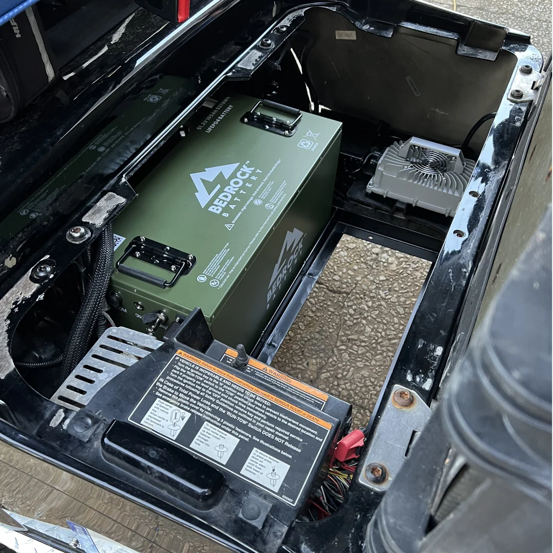 A clean installation of a 48V lithium battery pack in a custom golf cart A clean installation of a 48V lithium battery pack in a custom golf cart