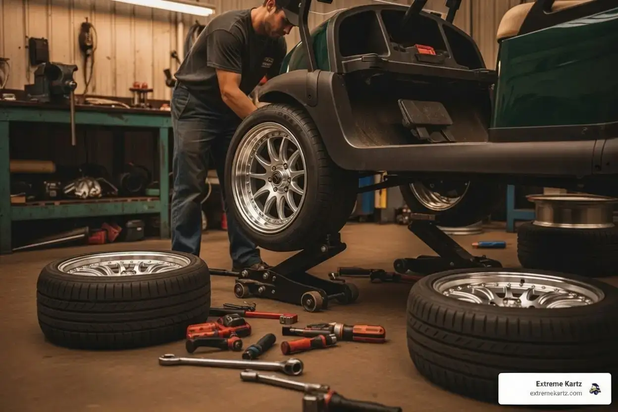 A set of 12 inch Blackjack gloss black wheels mounted on low profile tires in a clean shop environment - golf cart tires and