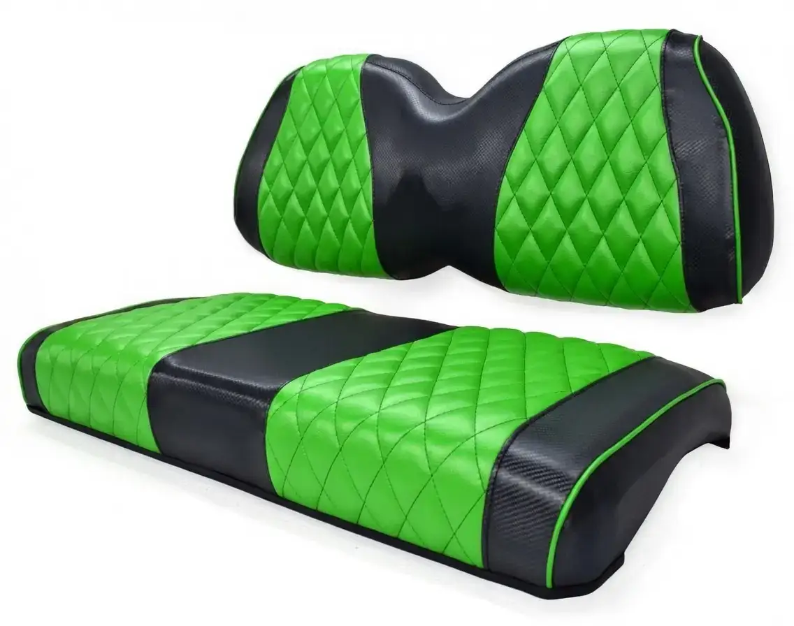 Fitted golf cart seat covering on a golf cart bench seat