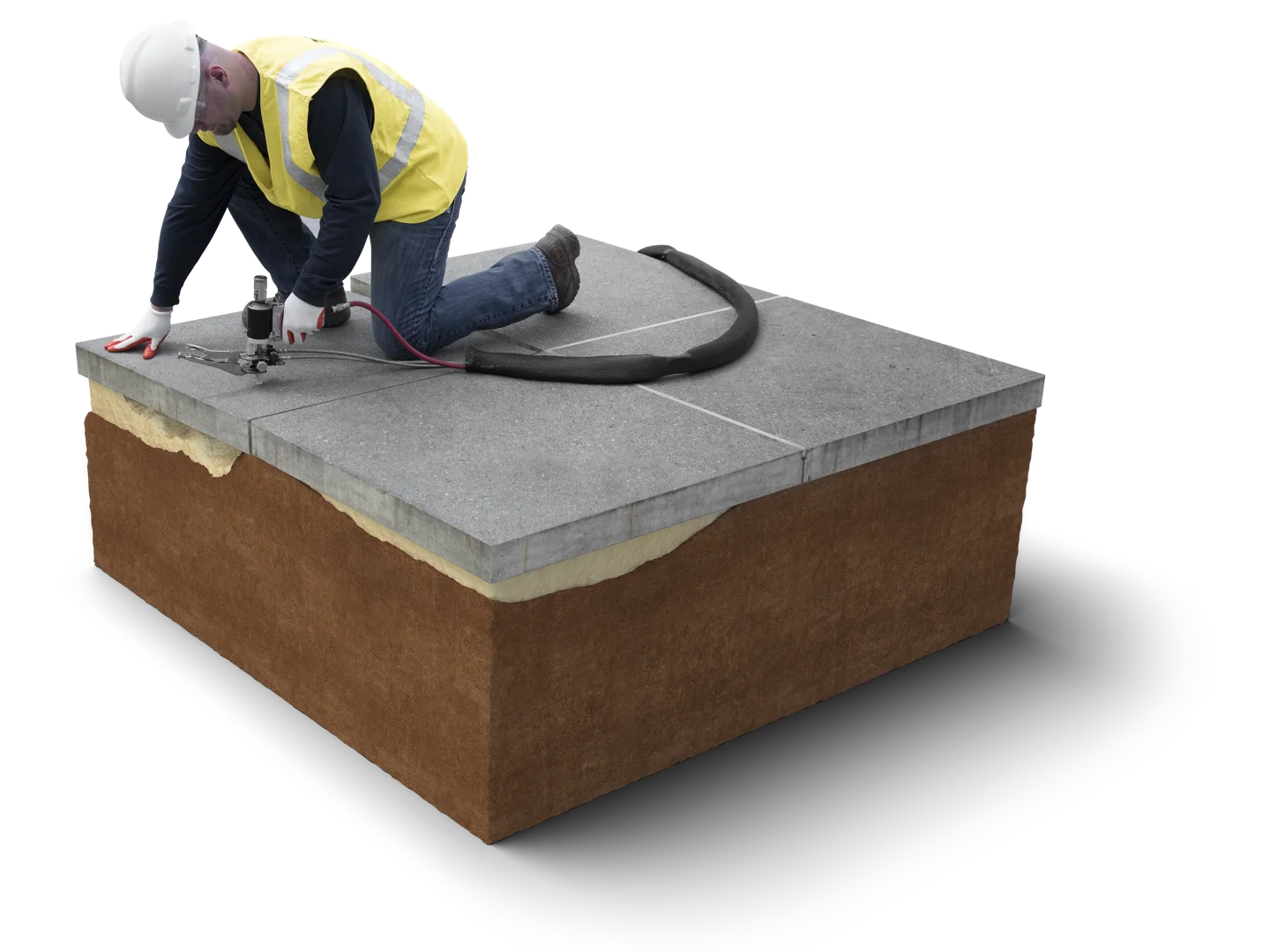 High-density polyurethane foam injection lifting a settled concrete slab back into alignment High-density polyurethane foam injection lifting a settled concrete slab back into alignment