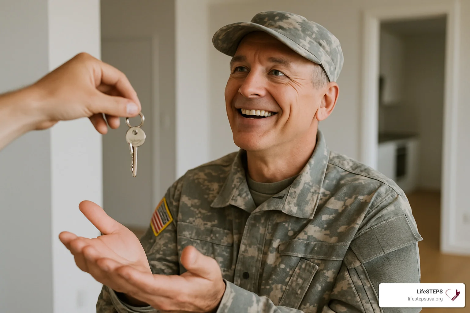 Person of color handing apartment keys to a white resident Person of color handing apartment keys to a white resident