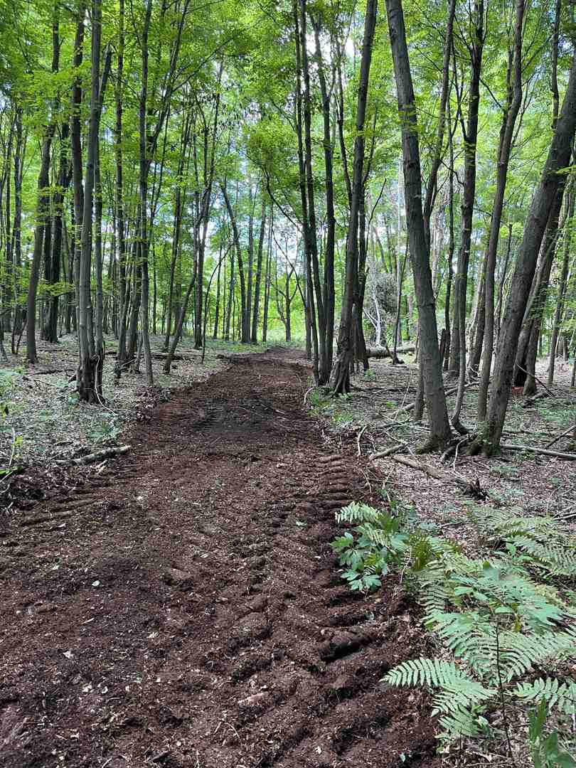 A diagram illustrating the 'Half Rule' with the trail tread narrower than half the width of the land's slope, and a clear 3-5% outslope directing water off the trail - sustainable trail design