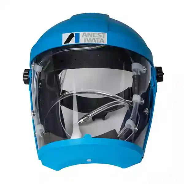 Safety equipment: air-supplied hood and mask designed to protect the user from fumes produced while using a pressure pot for painting.