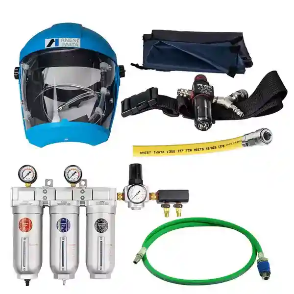 Full respirator kit including the air line, filters, and safety gear, compared to  the half face respirator.