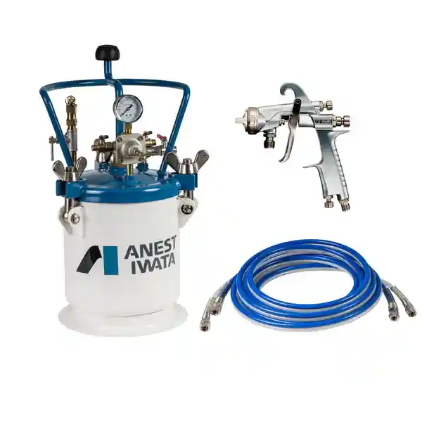 Anest Iwata air-operated pressure pot for painting, a professional kit with blue hose and quality spray gun for high volume jobs.