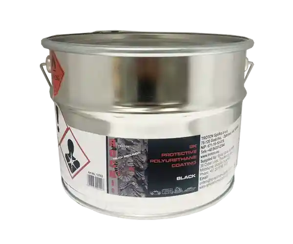 Large industrial tin containing black protective polyurethane Rangers 2K coating for automotive use.