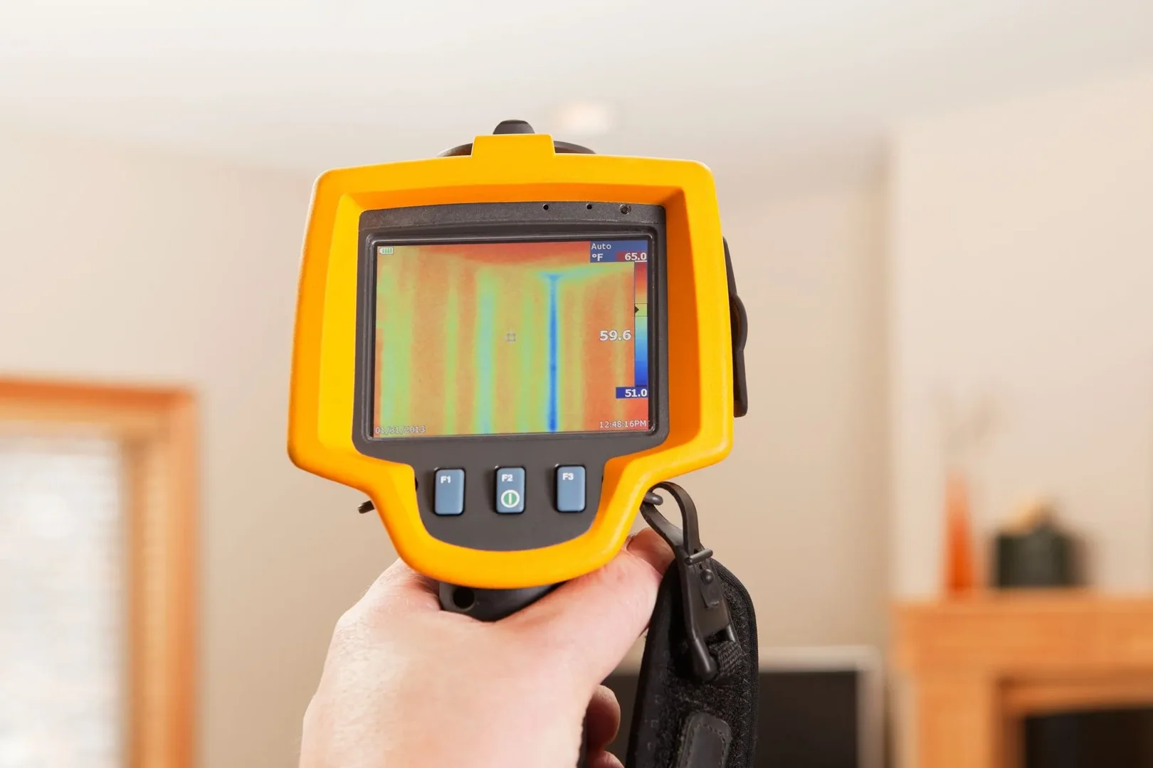Thermal imaging showing a hidden moisture leak in a Nunawading property bathroom Thermal imaging showing a hidden moisture leak in a Nunawading property bathroom