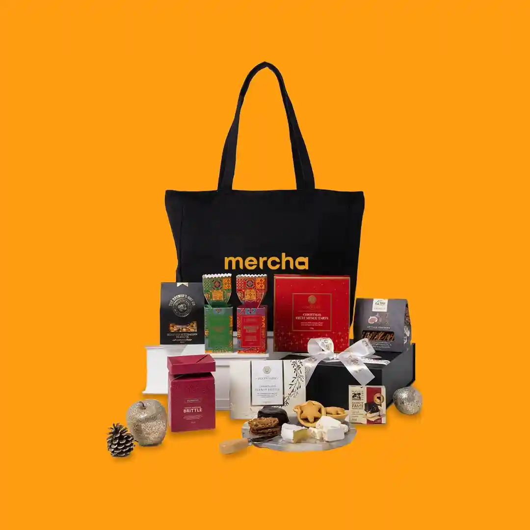 Christmas Indulgence Custom Merch Pack hamper with custom recycled tote - Christmas gift ideas Christmas Indulgence Custom Merch Pack hamper with custom recycled tote - Christmas gift ideas