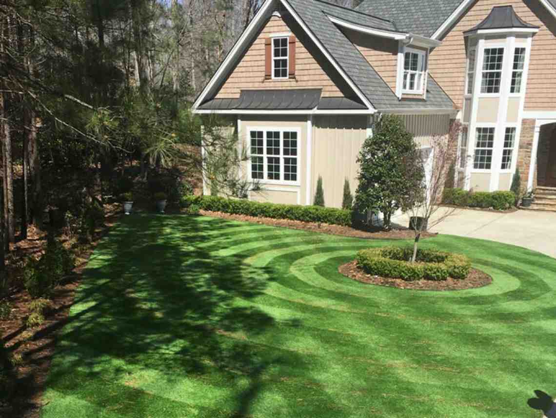 A lush, healthy green lawn in a suburban Massachusetts neighborhood, perfectly striped and free of weeds - landscaping maintenance near me A lush, healthy green lawn in a suburban Massachusetts neighborhood, perfectly striped and free of weeds - landscaping maintenance near me