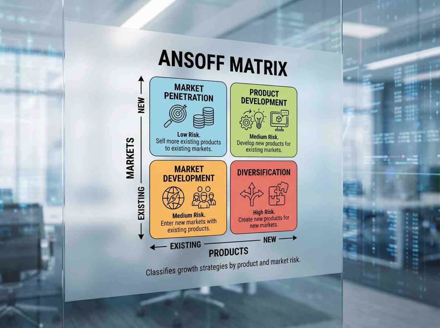 Ansoff Matrix: A 2x2 growth strategy grid showing Market Penetration, Product Development, Market Development, and Diversification, categorized by existing/new products and existing/new markets - Strategic Frameworks