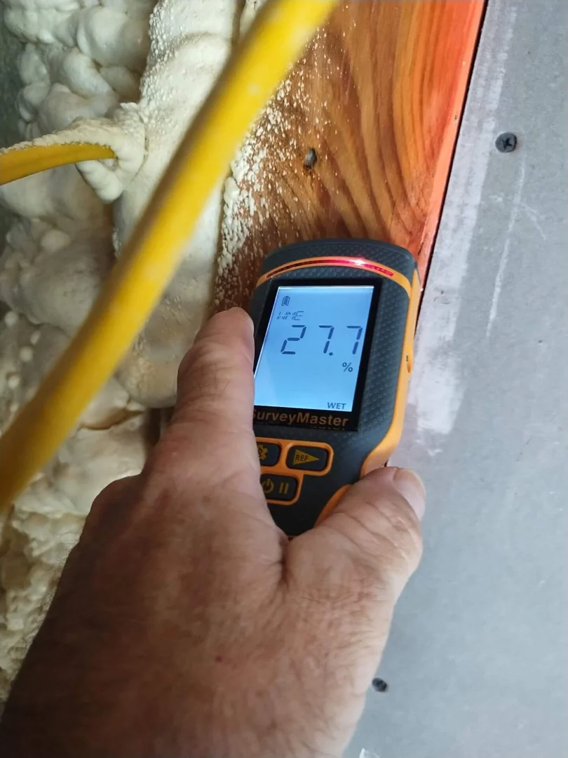 A professional using a moisture meter to detect hidden dampness behind a tiled bathroom wall - mold and air quality testing A professional using a moisture meter to detect hidden dampness behind a tiled bathroom wall - mold and air quality testing