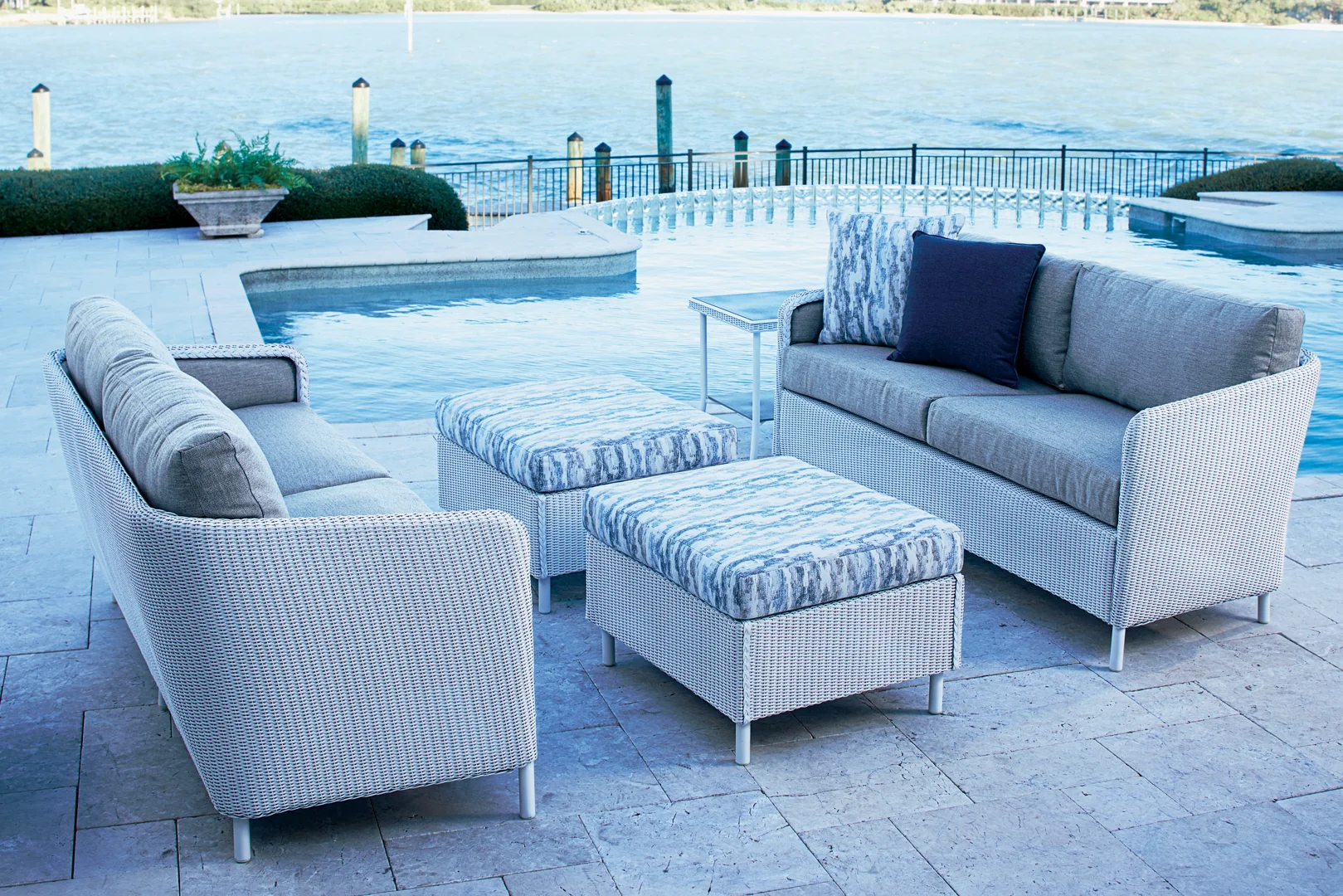 modern living room with an upholstered ottoman