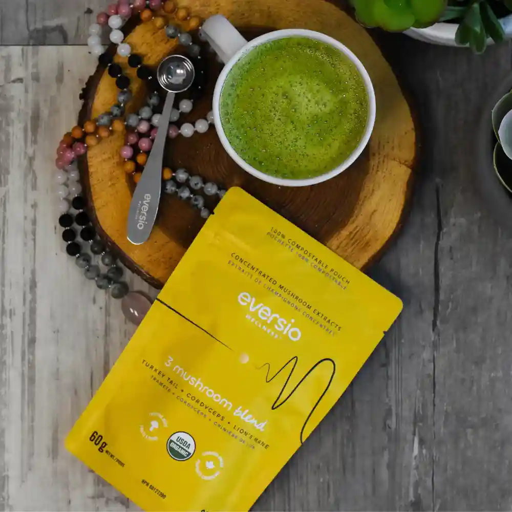 Eversio Wellness 3 Mushroom Blend (The Awaken Blend) organic extracts with a matcha latte. - Functional mushroom blend Eversio Wellness 3 Mushroom Blend (The Awaken Blend) organic extracts with a matcha latte. - Functional mushroom blend