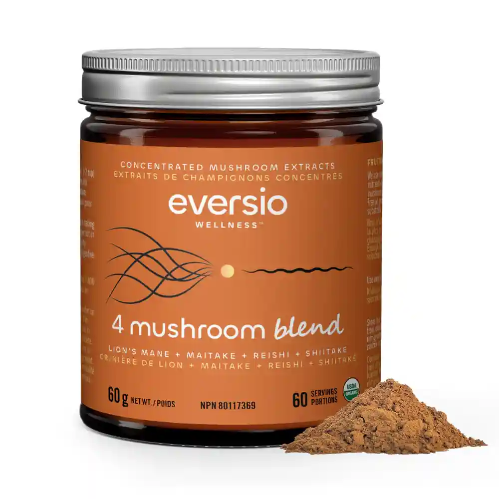 A jar of Eversio Wellness 4 Mushroom Blend organic mushroom extracts. - Reishi Mushroom Supplements